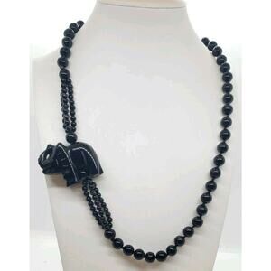 Vintage Carved Lucky Smiling Elephant Figurine Black Onyx Beaded Necklace